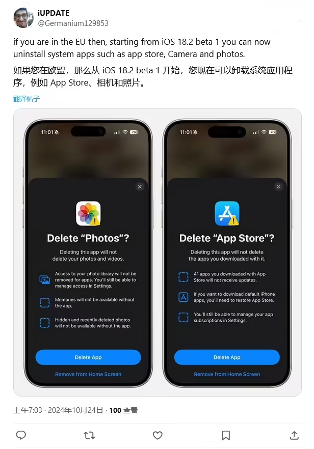 宜春苹果手机维修分享iOS 18.2 支持删除 App Store 应用商店 